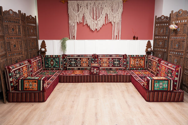 U Shaped Maroon Floor Cushions, Turkish Sofa, Modern Arabic Majlis Sofa, Floor Sofa Set, Ethnic Sofa, Arabic Jalsa, Moroccan Sofa