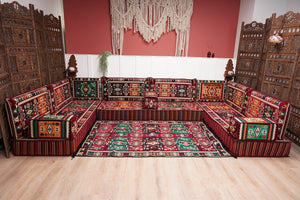U Shaped Maroon Floor Cushions, Turkish Sofa, Modern Arabic Majlis Sofa, Floor Sofa Set, Ethnic Sofa, Arabic Jalsa, Moroccan Sofa