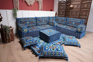 Blue 4" Thick Corner Floor Seating Set, Pallet Cushion Set, Modular Design Floor Cushion, Garden Sofa Set, Indoor Sofa Set