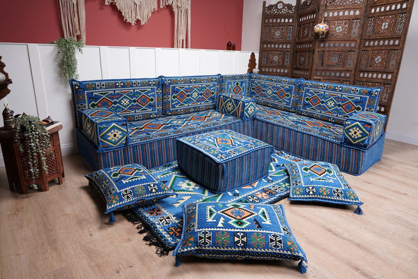 Blue 4" Thick Corner Floor Seating Set, Pallet Cushion Set, Modular Design Floor Cushion, Garden Sofa Set, Indoor Sofa Set