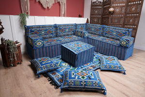 Blue 4" Thick Corner Floor Seating Set, Pallet Cushion Set, Modular Design Floor Cushion, Garden Sofa Set, Indoor Sofa Set