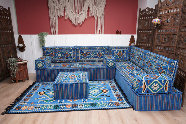 Blue 4" Thick Corner Floor Seating Set, Pallet Cushion Set, Modular Design Floor Cushion, Garden Sofa Set, Indoor Sofa Set