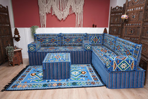 Blue 4" Thick Corner Floor Seating Set, Pallet Cushion Set, Modular Design Floor Cushion, Garden Sofa Set, Indoor Sofa Set
