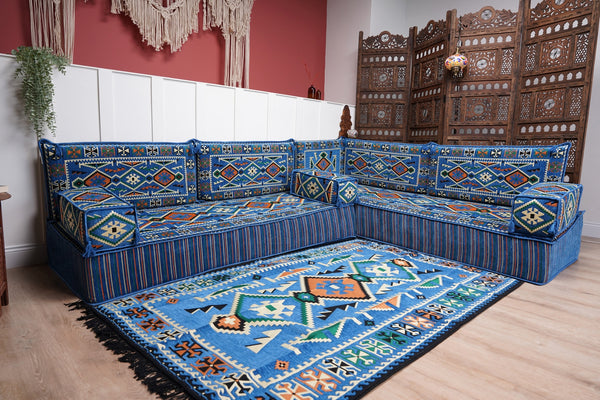 Blue 4" Thick Corner Floor Seating Set, Pallet Cushion Set, Modular Design Floor Cushion, Garden Sofa Set, Indoor Sofa Set