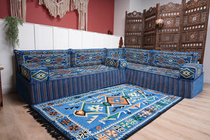 Blue 4" Thick Corner Floor Seating Set, Pallet Cushion Set, Modular Design Floor Cushion, Garden Sofa Set, Indoor Sofa Set