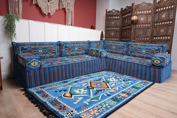 Blue 4" Thick Corner Floor Seating Set, Pallet Cushion Set, Modular Design Floor Cushion, Garden Sofa Set, Indoor Sofa Set