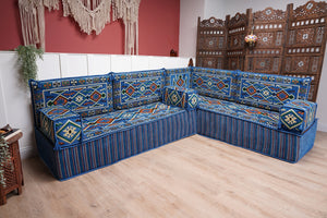 Blue 4" Thick Corner Floor Seating Set, Pallet Cushion Set, Modular Design Floor Cushion, Garden Sofa Set, Indoor Sofa Set