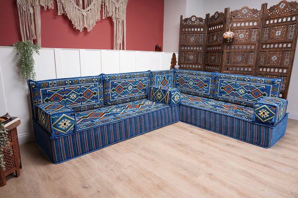 Blue 4" Thick Corner Floor Seating Set, Pallet Cushion Set, Modular Design Floor Cushion, Garden Sofa Set, Indoor Sofa Set
