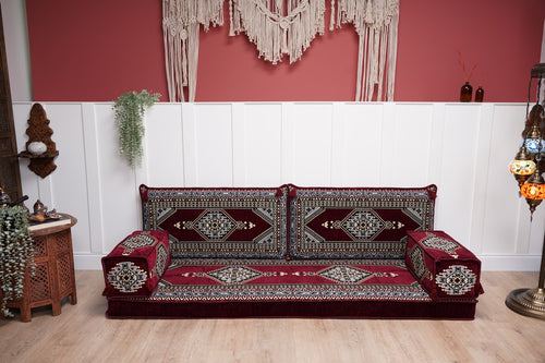 16" Einzelsessel-Sets, maroonfarbener Zweiersofa arabisches Sofa, türkisches Bodensessel, marokkanisches Kissen, ethnisches Bodenkissen, arabisches Bodensessel