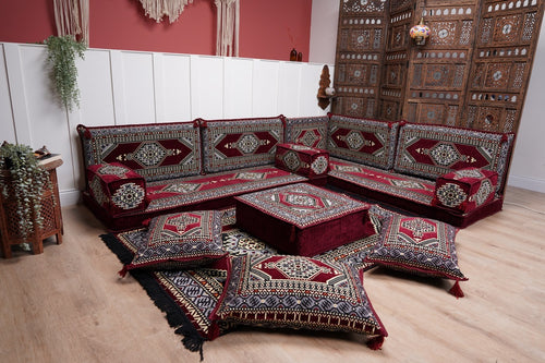 L-förmiges Bodensofa, Ecksofa-Set, Eck-Bodensofa, marokkanische Wohndekoration, Bodenkissen, böhmische Möbel, arabisches Sofa-Set