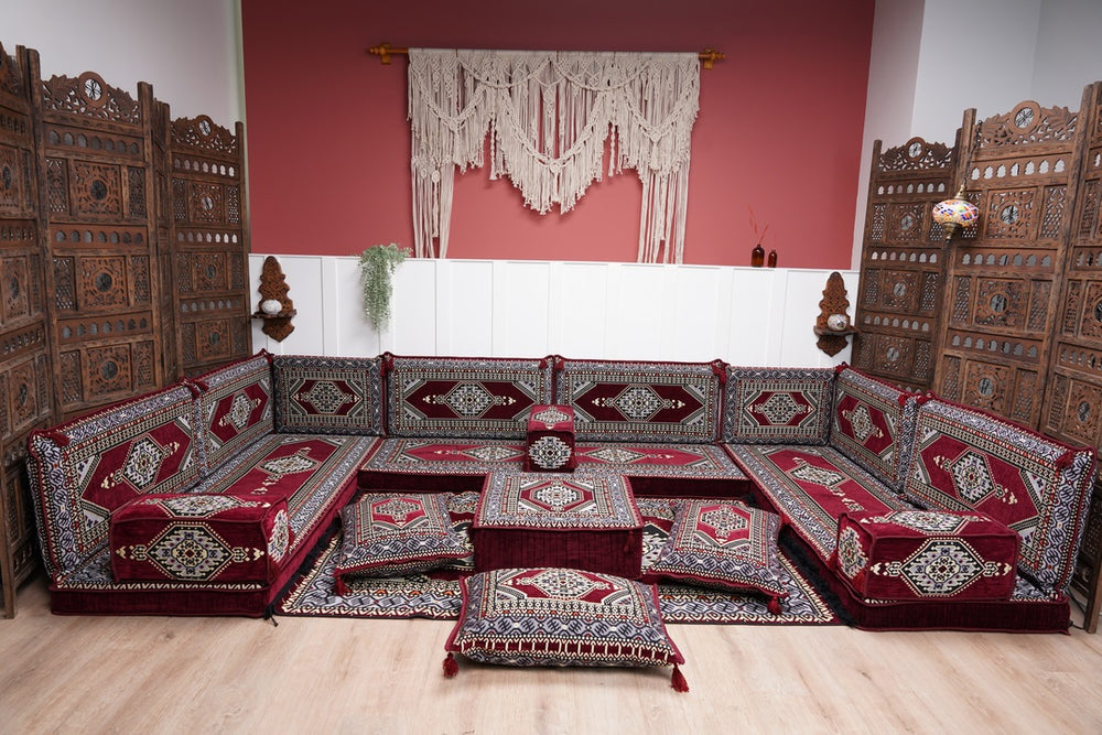 U Shaped Corner Arabic Floor Seating, Modern Couches, Maroon Arabic Majlis Sofa, Turkish Sofa, Arabic Seating Sofa