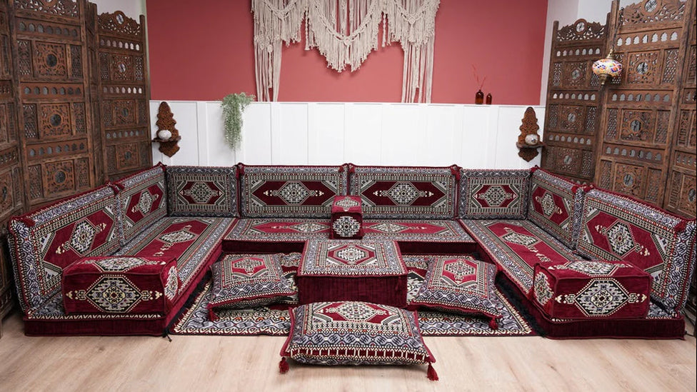 U-förmige Eck-Sitzgruppe im arabischen Stil, moderne Sofas, weinrotes arabisches Majlis-Sofa, türkisches Sofa, arabisches Sitzsofa