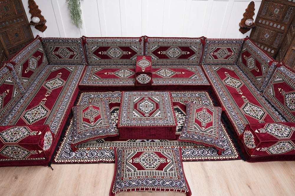 U Shaped Corner Arabic Floor Seating, Modern Couches, Maroon Arabic Majlis Sofa, Turkish Sofa, Arabic Seating Sofa