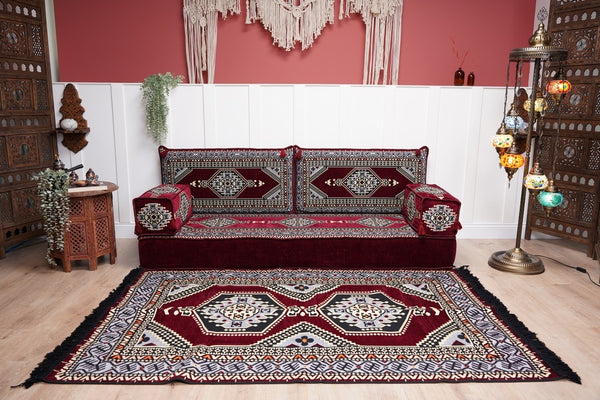 Sofa with Ottoman Couch and Rug, Bohemian Furniture, Arabic Majlis, Sectional Sofa, Turkish Rug Sofa, Moroccan Couch, Custom Made Sofa