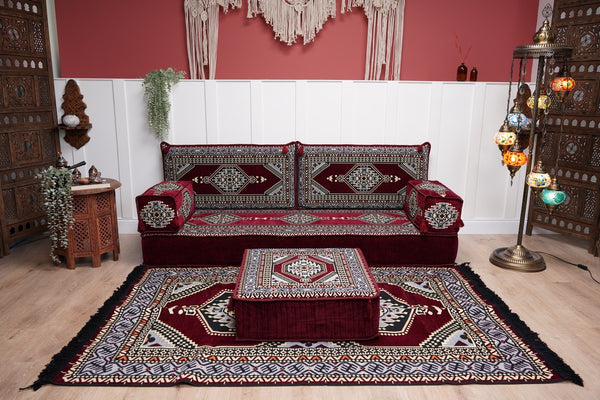 Sofa with Ottoman Couch and Rug, Bohemian Furniture, Arabic Majlis, Sectional Sofa, Turkish Rug Sofa, Moroccan Couch, Custom Made Sofa