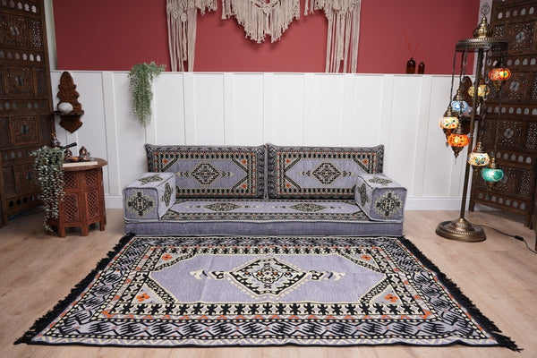 Loveseat Arabic Sofa, Traditional Living Room Sofa with Ottoman Couch and Rug, Floor Sofa Set, Ottoman Floor Cushion Seating, Arabic Majlis