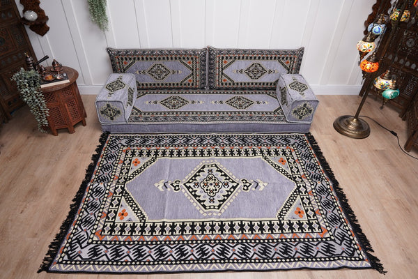 Loveseat Arabic Sofa, Traditional Living Room Sofa with Ottoman Couch and Rug, Floor Sofa Set, Ottoman Floor Cushion Seating, Arabic Majlis