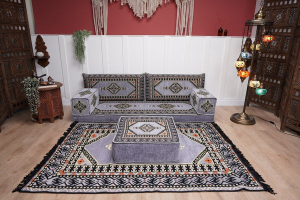 Loveseat Arabic Sofa, Traditional Living Room Sofa with Ottoman Couch and Rug, Floor Sofa Set, Ottoman Floor Cushion Seating, Arabic Majlis