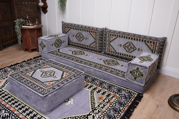 Loveseat Arabic Sofa, Traditional Living Room Sofa with Ottoman Couch and Rug, Floor Sofa Set, Ottoman Floor Cushion Seating, Arabic Majlis