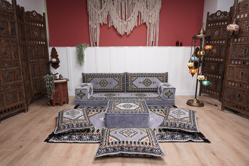 Gray Palace Elegance: Single Floor Sofa Set – Arabic Floor Seating – Handmade Arabic Majlis Cushions – Oriental Sofa