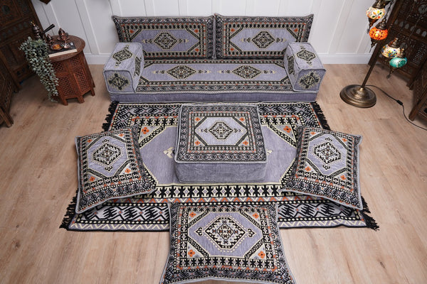 Loveseat Arabic Sofa, Traditional Living Room Sofa with Ottoman Couch and Rug, Floor Sofa Set, Ottoman Floor Cushion Seating, Arabic Majlis