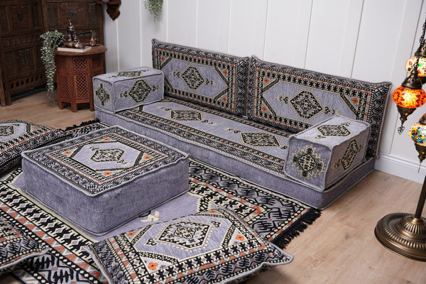 Loveseat Arabic Sofa, Traditional Living Room Sofa with Ottoman Couch and Rug, Floor Sofa Set, Ottoman Floor Cushion Seating, Arabic Majlis