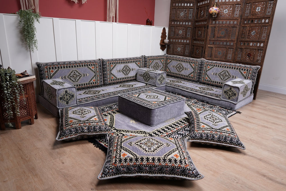 16'' Thickness Gray L Sofa Set, Arabic Floor Sofa Seating,  Living Room Sofa, Sectional Sofa, Moroccan Sofas, Corner Floor Couch, Turkish Sofa