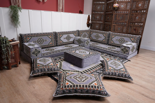 16'' dicke graue L-Sofagarnitur, arabische Bodensitze, Wohnzimmersofa, Ecksofa, marokkanische Sofas, Eckbodencouch, türkisches Sofa