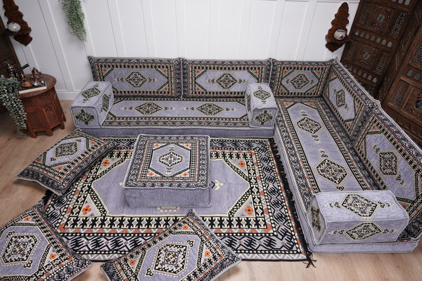 16'' Thickness Gray L Sofa Set, Arabic Floor Sofa Seating,  Living Room Sofa, Sectional Sofa, Moroccan Sofas, Corner Floor Couch, Turkish Sofa