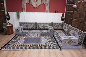 16'' Thickness Gray L Sofa Set, Arabic Floor Sofa Seating,  Living Room Sofa, Sectional Sofa, Moroccan Sofas, Corner Floor Couch, Turkish Sofa