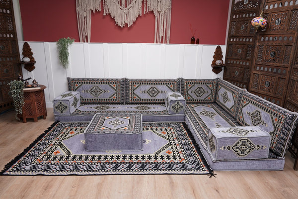 16'' Thickness Gray L Sofa Set, Arabic Floor Sofa Seating,  Living Room Sofa, Sectional Sofa, Moroccan Sofas, Corner Floor Couch, Turkish Sofa