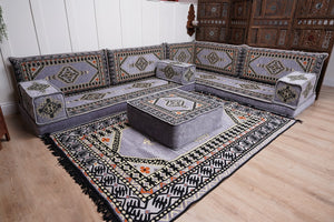 16'' Thickness Gray L Sofa Set, Arabic Floor Sofa Seating,  Living Room Sofa, Sectional Sofa, Moroccan Sofas, Corner Floor Couch, Turkish Sofa