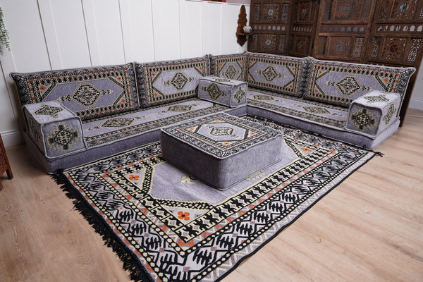 16'' Thickness Gray L Sofa Set, Arabic Floor Sofa Seating,  Living Room Sofa, Sectional Sofa, Moroccan Sofas, Corner Floor Couch, Turkish Sofa