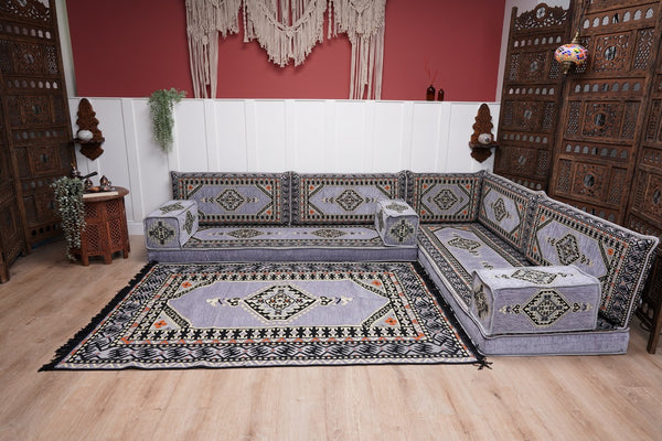 16'' Thickness Gray L Sofa Set, Arabic Floor Sofa Seating,  Living Room Sofa, Sectional Sofa, Moroccan Sofas, Corner Floor Couch, Turkish Sofa