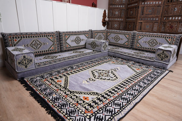 16'' Thickness Gray L Sofa Set, Arabic Floor Sofa Seating,  Living Room Sofa, Sectional Sofa, Moroccan Sofas, Corner Floor Couch, Turkish Sofa