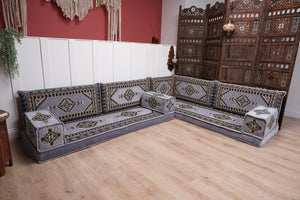16'' Thickness Gray L Sofa Set, Arabic Floor Sofa Seating,  Living Room Sofa, Sectional Sofa, Moroccan Sofas, Corner Floor Couch, Turkish Sofa