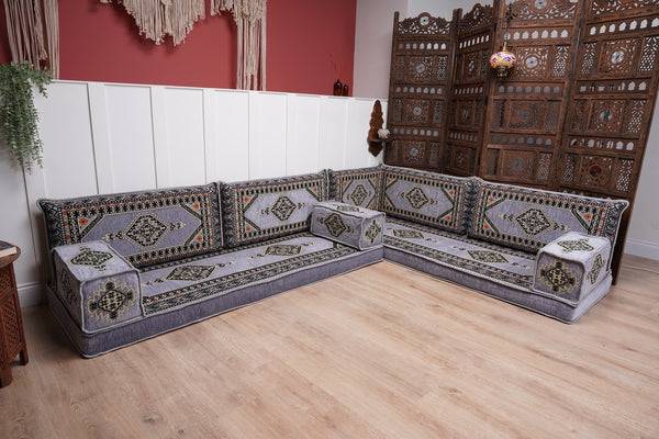 16'' Thickness Gray L Sofa Set, Arabic Floor Sofa Seating,  Living Room Sofa, Sectional Sofa, Moroccan Sofas, Corner Floor Couch, Turkish Sofa