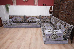 16'' Thickness Gray L Sofa Set, Arabic Floor Sofa Seating,  Living Room Sofa, Sectional Sofa, Moroccan Sofas, Corner Floor Couch, Turkish Sofa