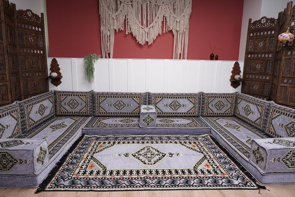 Modern Arabic Sofa, U Shaped Gray Arabic Floor Sofa Set, Moroccan Couch Sofas, Floor Cushion, Sectional Sofas, Arabic Majlis Sofa Seating