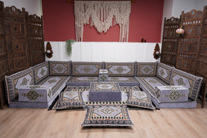Modern Arabic Sofa, U Shaped Gray Arabic Floor Sofa Set, Moroccan Couch Sofas, Floor Cushion, Sectional Sofas, Arabic Majlis Sofa Seating