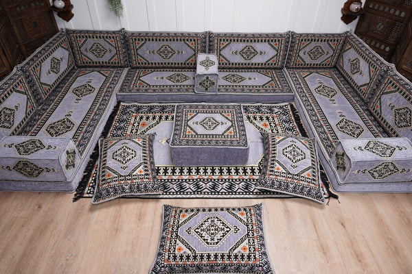 Modern Arabic Sofa, U Shaped Gray Arabic Floor Sofa Set, Moroccan Couch Sofas, Floor Cushion, Sectional Sofas, Arabic Majlis Sofa Seating