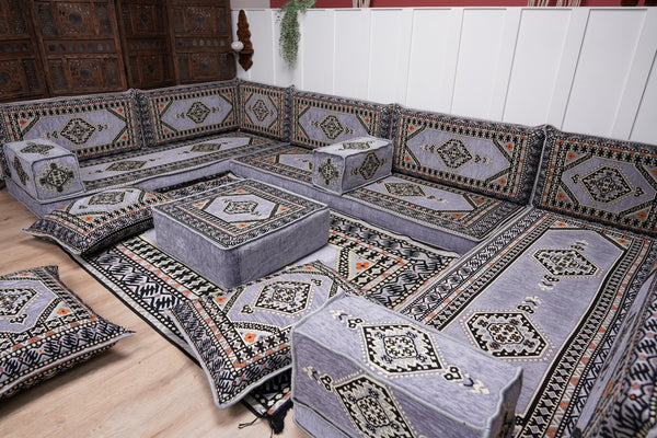 Modern Arabic Sofa, U Shaped Gray Arabic Floor Sofa Set, Moroccan Couch Sofas, Floor Cushion, Sectional Sofas, Arabic Majlis Sofa Seating