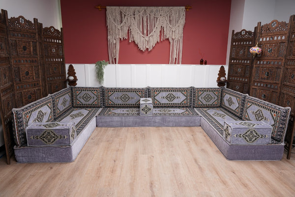 Modern Arabic Sofa, U Shaped Gray Arabic Floor Sofa Set, Moroccan Couch Sofas, Floor Cushion, Sectional Sofas, Arabic Majlis Sofa Seating