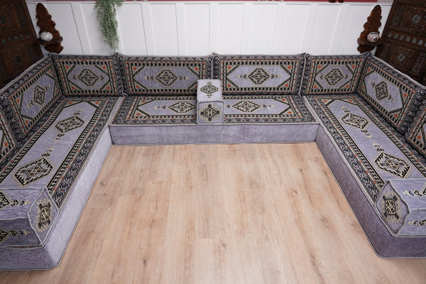 Modern Arabic Sofa, U Shaped Gray Arabic Floor Sofa Set, Moroccan Couch Sofas, Floor Cushion, Sectional Sofas, Arabic Majlis Sofa Seating