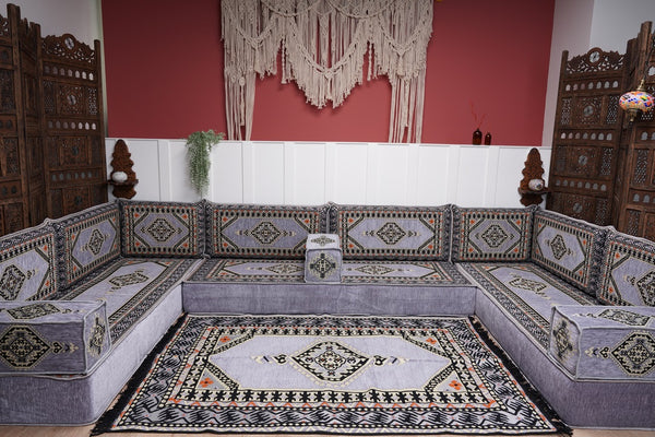 Modern Arabic Sofa, U Shaped Gray Arabic Floor Sofa Set, Moroccan Couch Sofas, Floor Cushion, Sectional Sofas, Arabic Majlis Sofa Seating