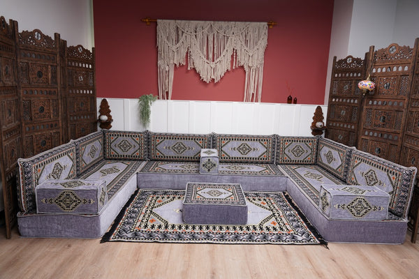 Modern Arabic Sofa, U Shaped Gray Arabic Floor Sofa Set, Moroccan Couch Sofas, Floor Cushion, Sectional Sofas, Arabic Majlis Sofa Seating