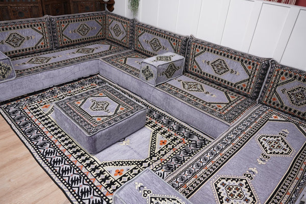 Modern Arabic Sofa, U Shaped Gray Arabic Floor Sofa Set, Moroccan Couch Sofas, Floor Cushion, Sectional Sofas, Arabic Majlis Sofa Seating