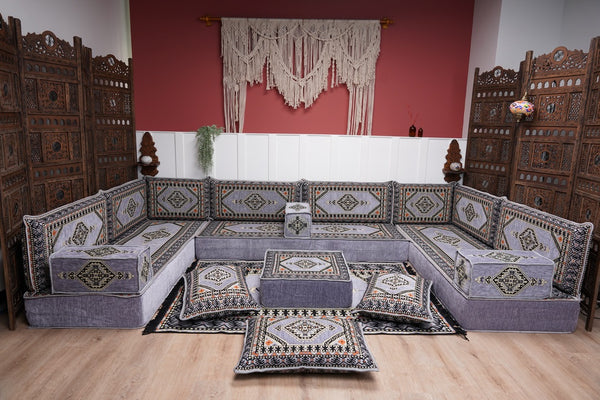 Modern Arabic Sofa, U Shaped Gray Arabic Floor Sofa Set, Moroccan Couch Sofas, Floor Cushion, Sectional Sofas, Arabic Majlis Sofa Seating