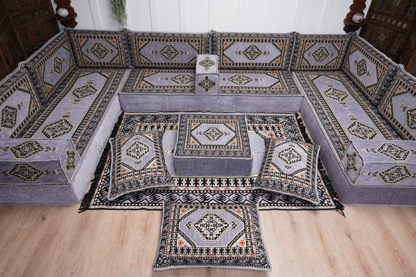 Modern Arabic Sofa, U Shaped Gray Arabic Floor Sofa Set, Moroccan Couch Sofas, Floor Cushion, Sectional Sofas, Arabic Majlis Sofa Seating