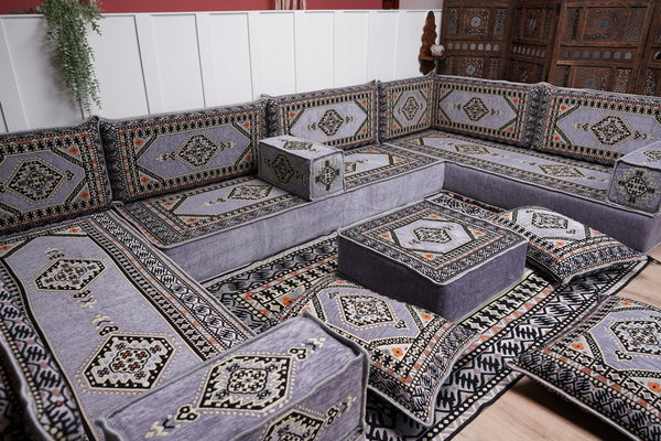 Modern Arabic Sofa, U Shaped Gray Arabic Floor Sofa Set, Moroccan Couch Sofas, Floor Cushion, Sectional Sofas, Arabic Majlis Sofa Seating